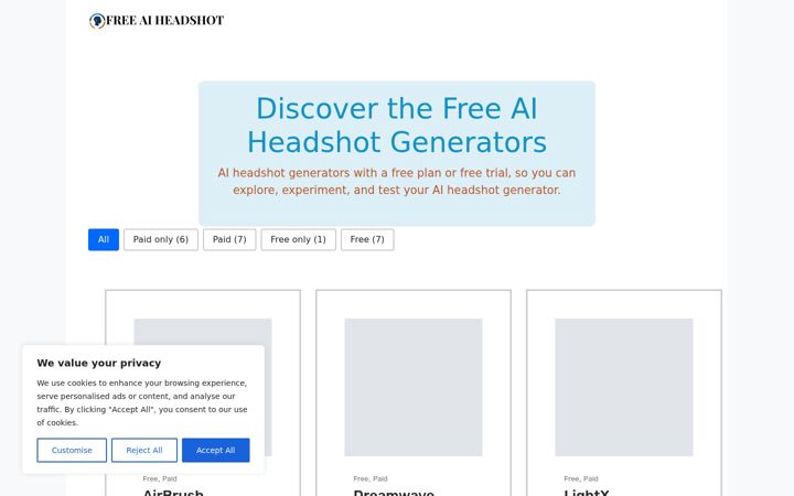 Screenshot of freeaiheadshot.com