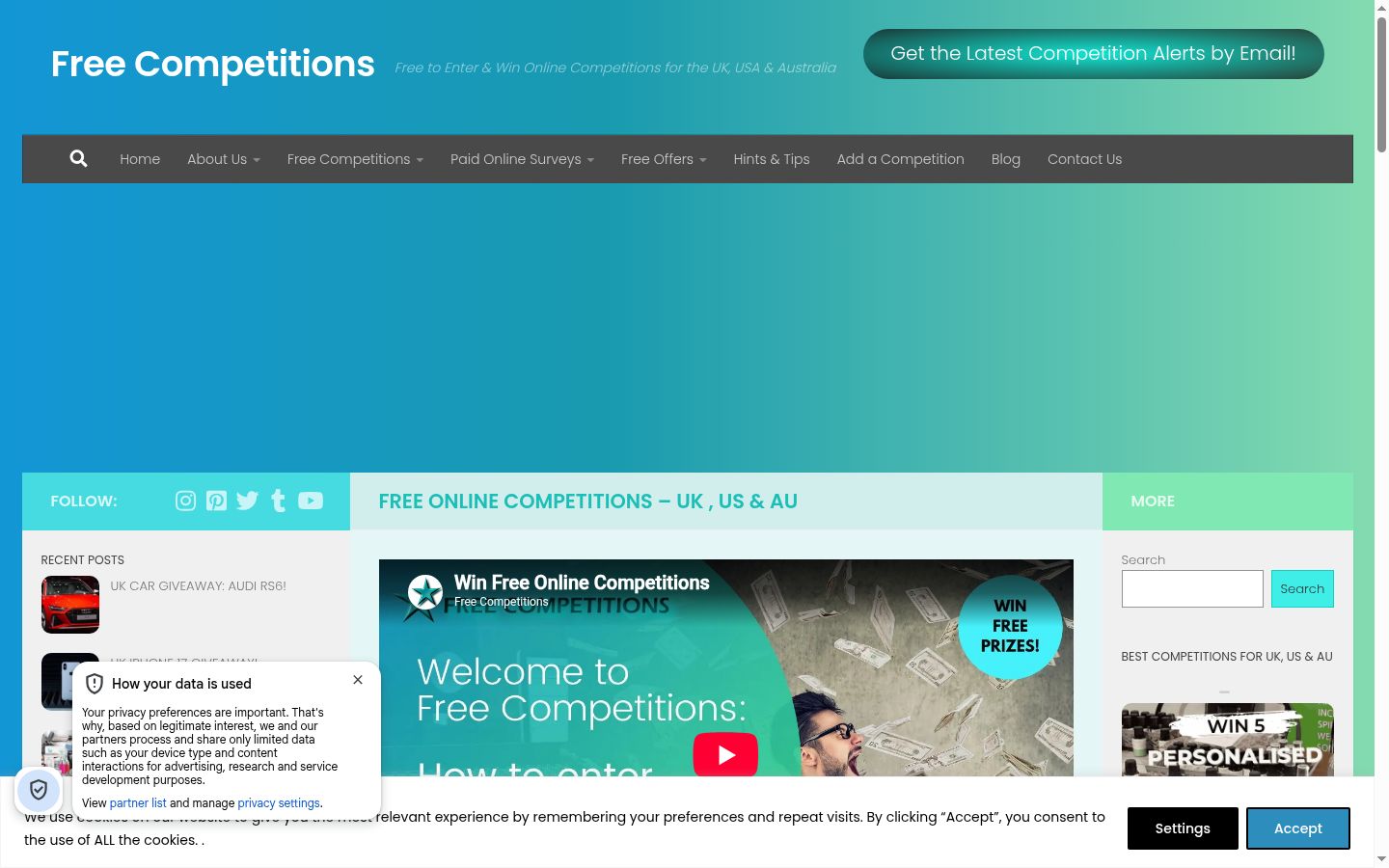 Screenshot del banner di consenso mostrato prima di qualsiasi interazione