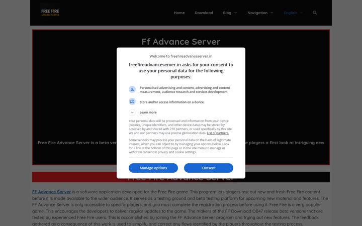 Ekrano kopija freefireadvanceserver.in