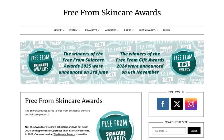 Snímek obrazovky freefromskincareawards.co.uk