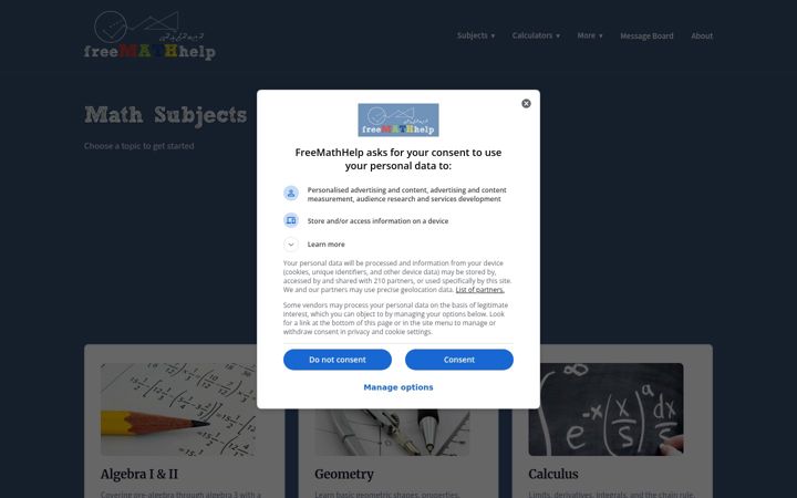 Skjermbilde av freemathhelp.com