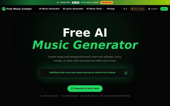 Kuvakaappaus sivustosta freemusiccreator.ai
