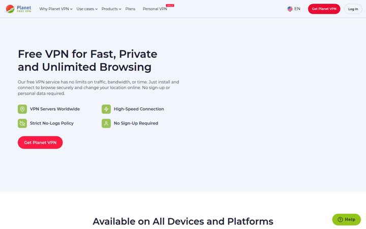 Screenshot of freeplanetvpn.com