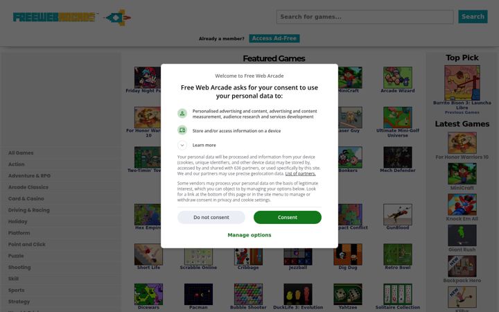 Snímek obrazovky freewebarcade.com