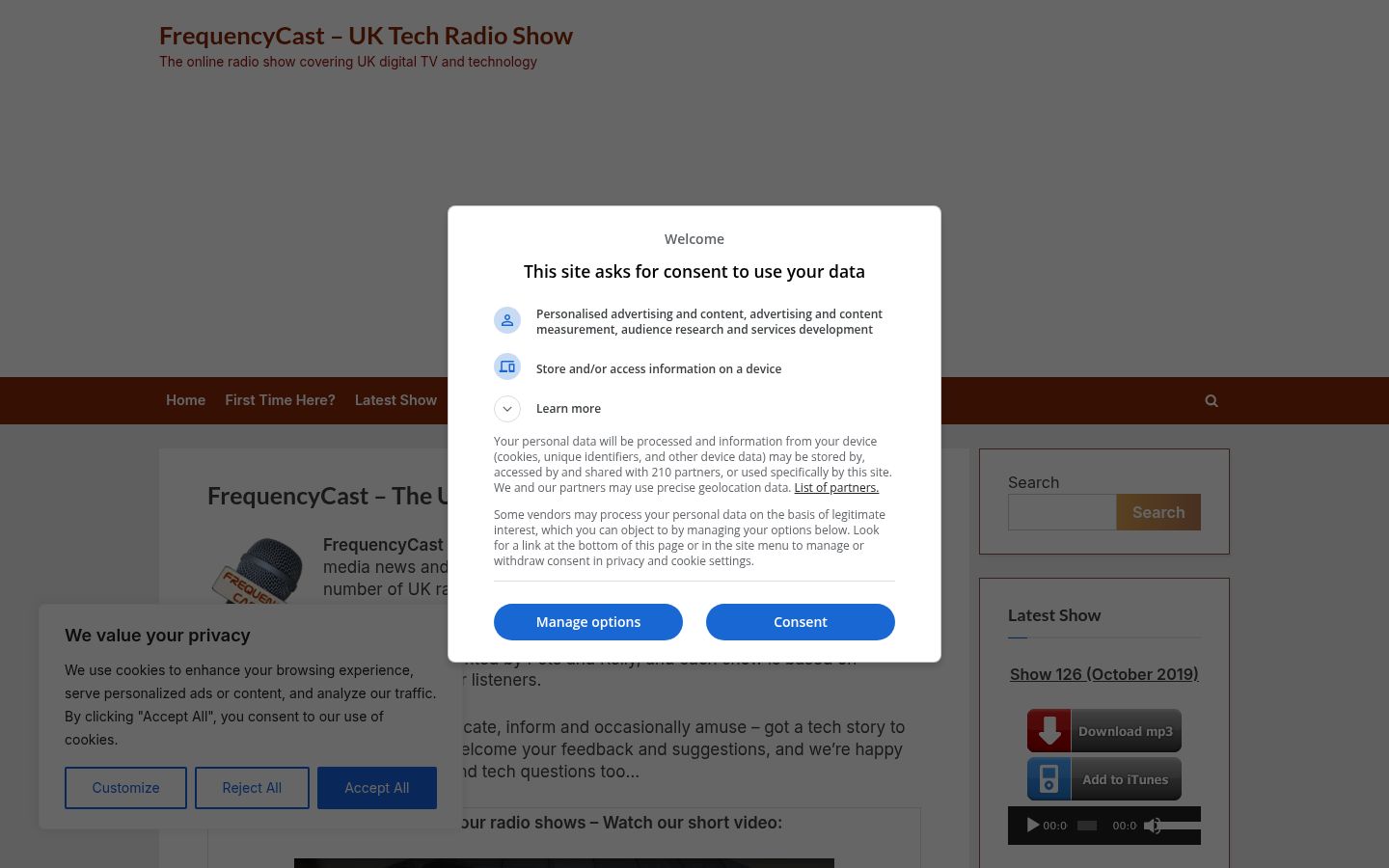 Screenshot del banner di consenso mostrato prima di qualsiasi interazione