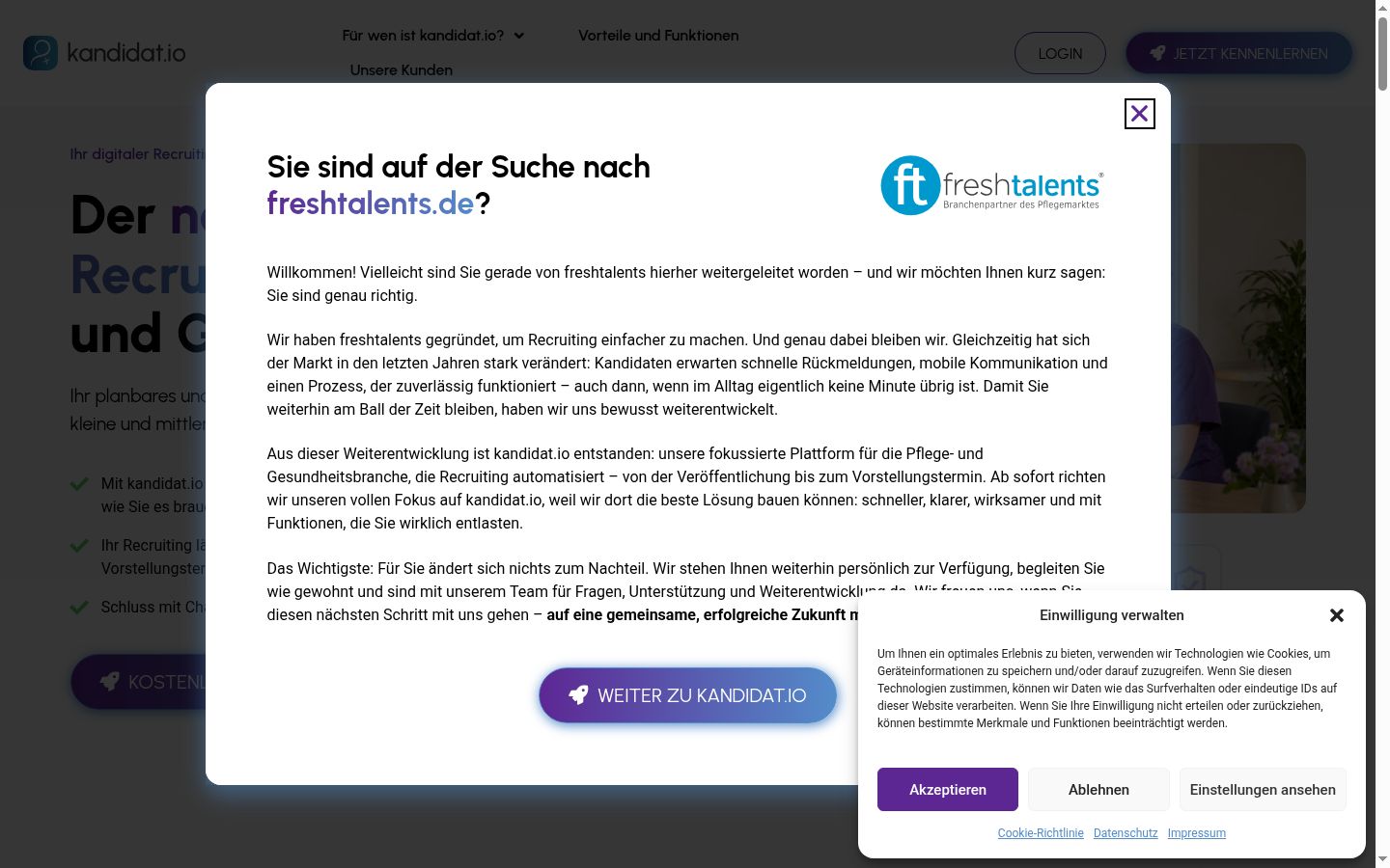 Screenshot des Einwilligungsbanners vor jeglicher Interaktion