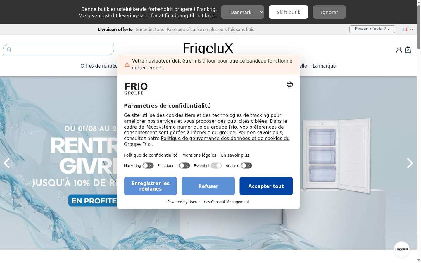 Capture d'écran de la bannière de consentement affichée avant toute interaction