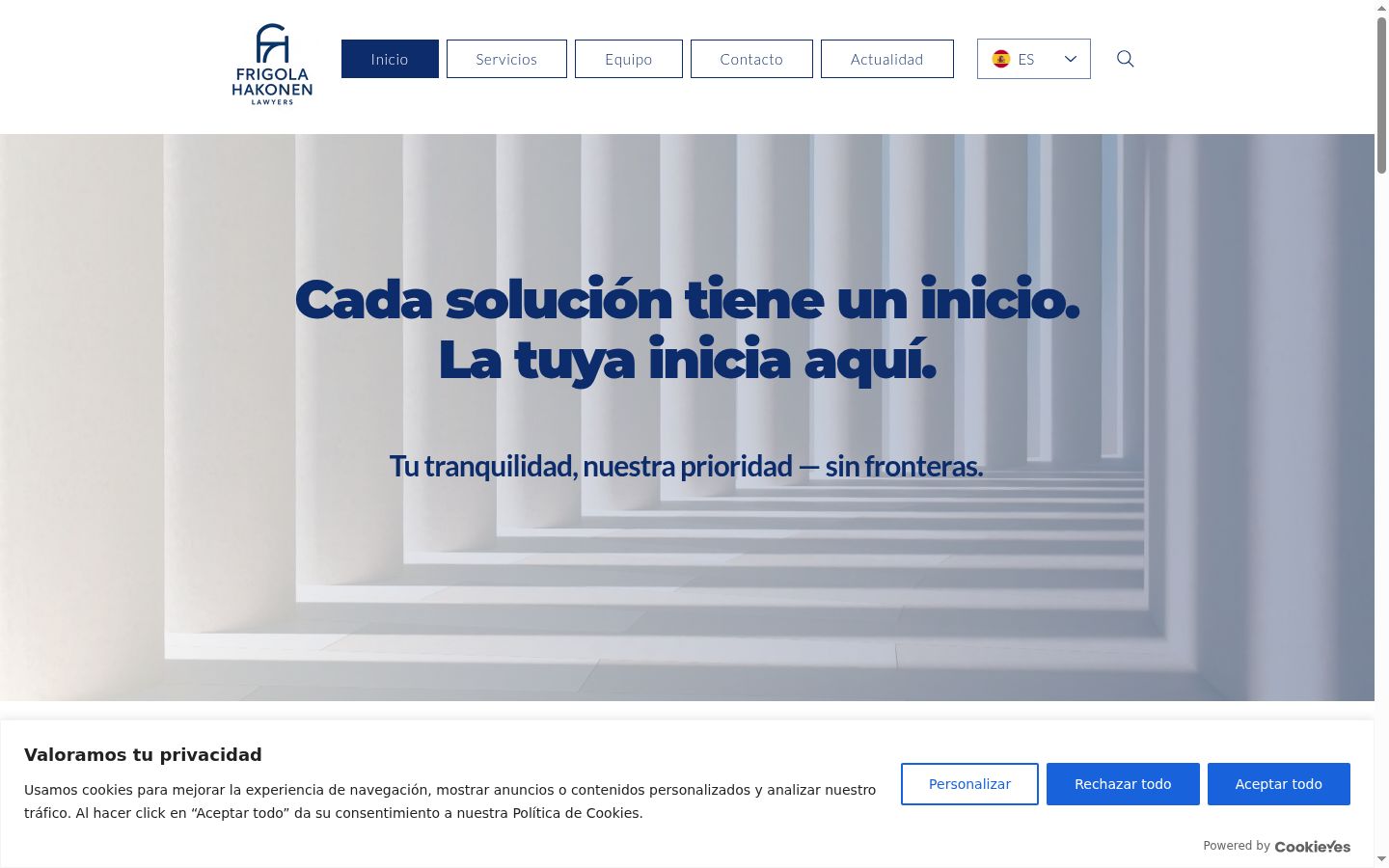 Captura de pantalla del banner de consentimiento mostrado antes de cualquier interacción