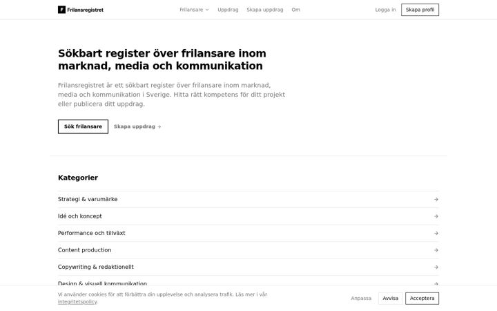 Captură de ecran a frilansregistret.se