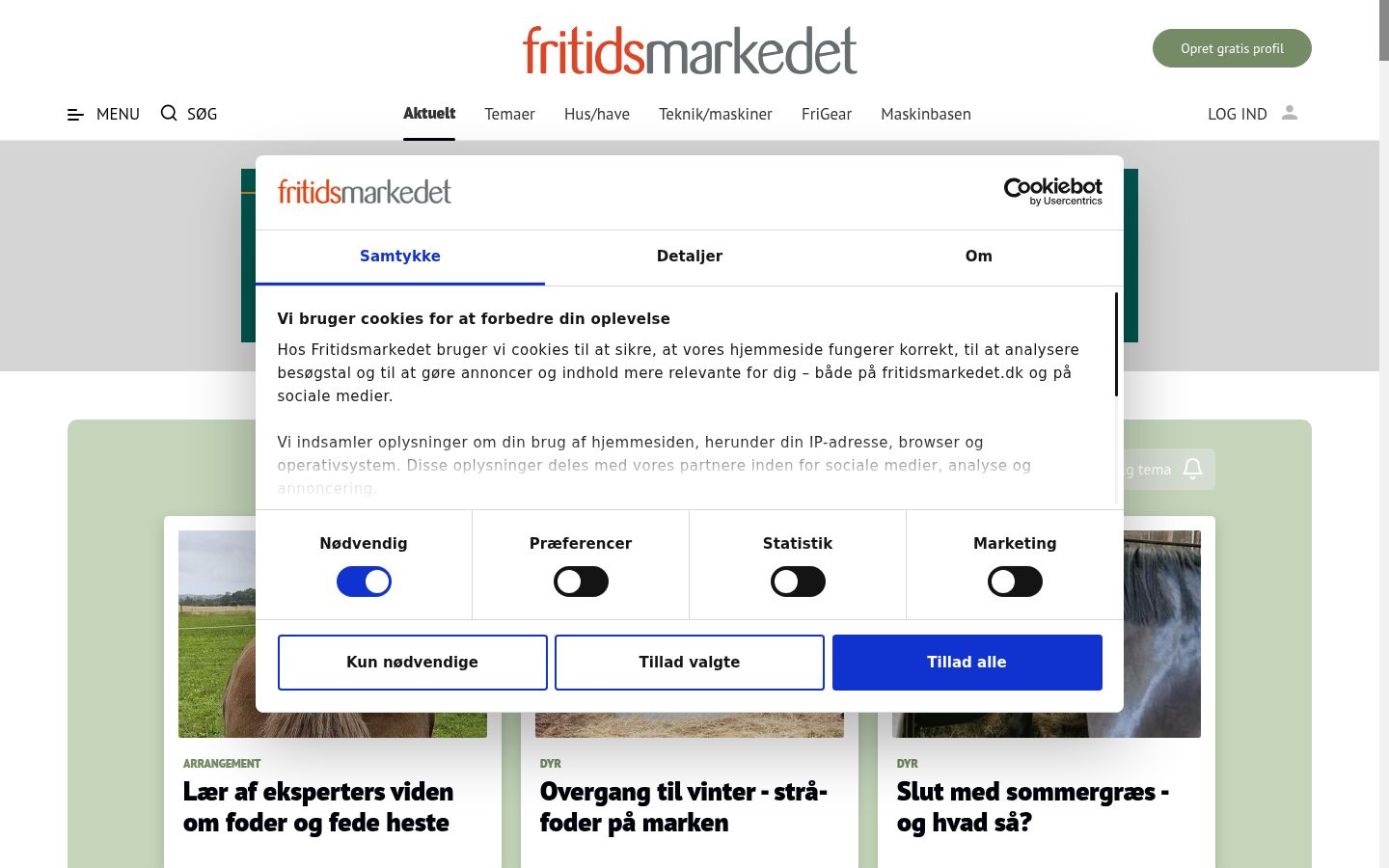 Skærmbillede af samtykkebanneret, som det blev vist før nogen interaktion