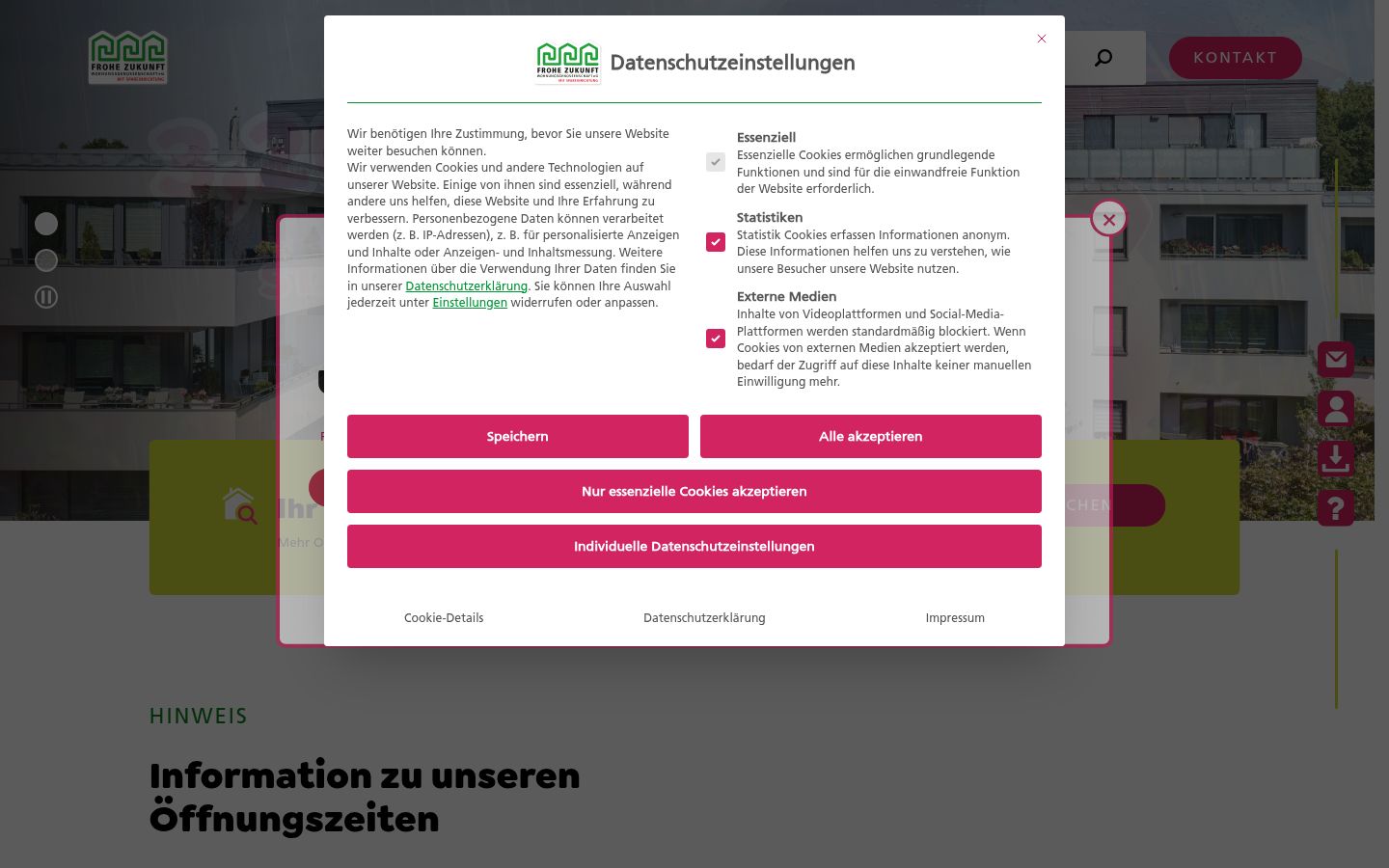 Screenshot des Einwilligungsbanners vor jeglicher Interaktion