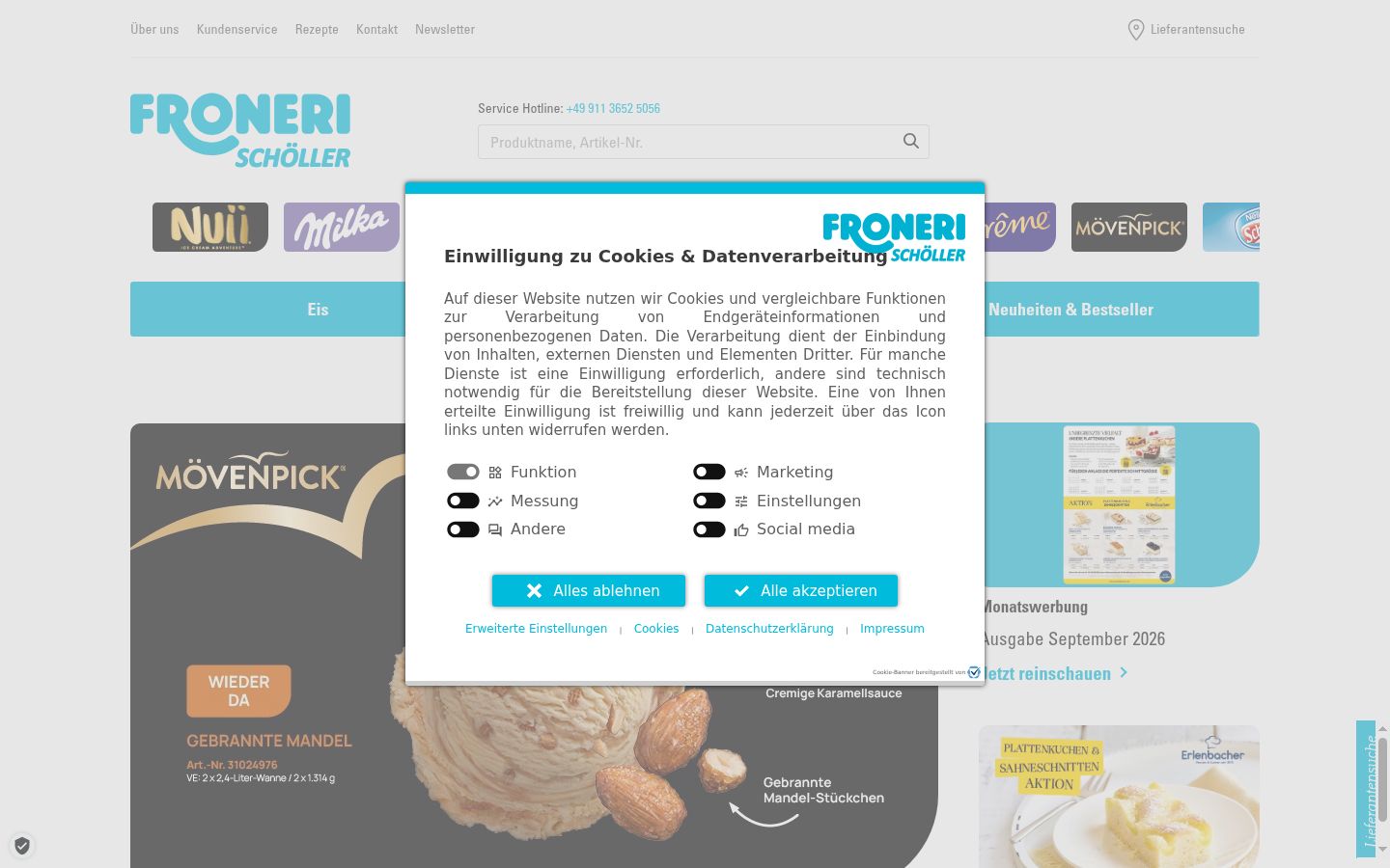 Screenshot des Einwilligungsbanners vor jeglicher Interaktion