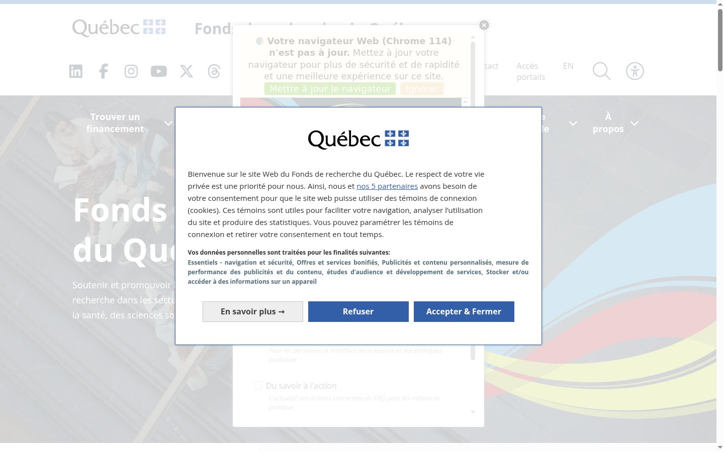 Capture d'écran de la bannière de consentement affichée avant toute interaction