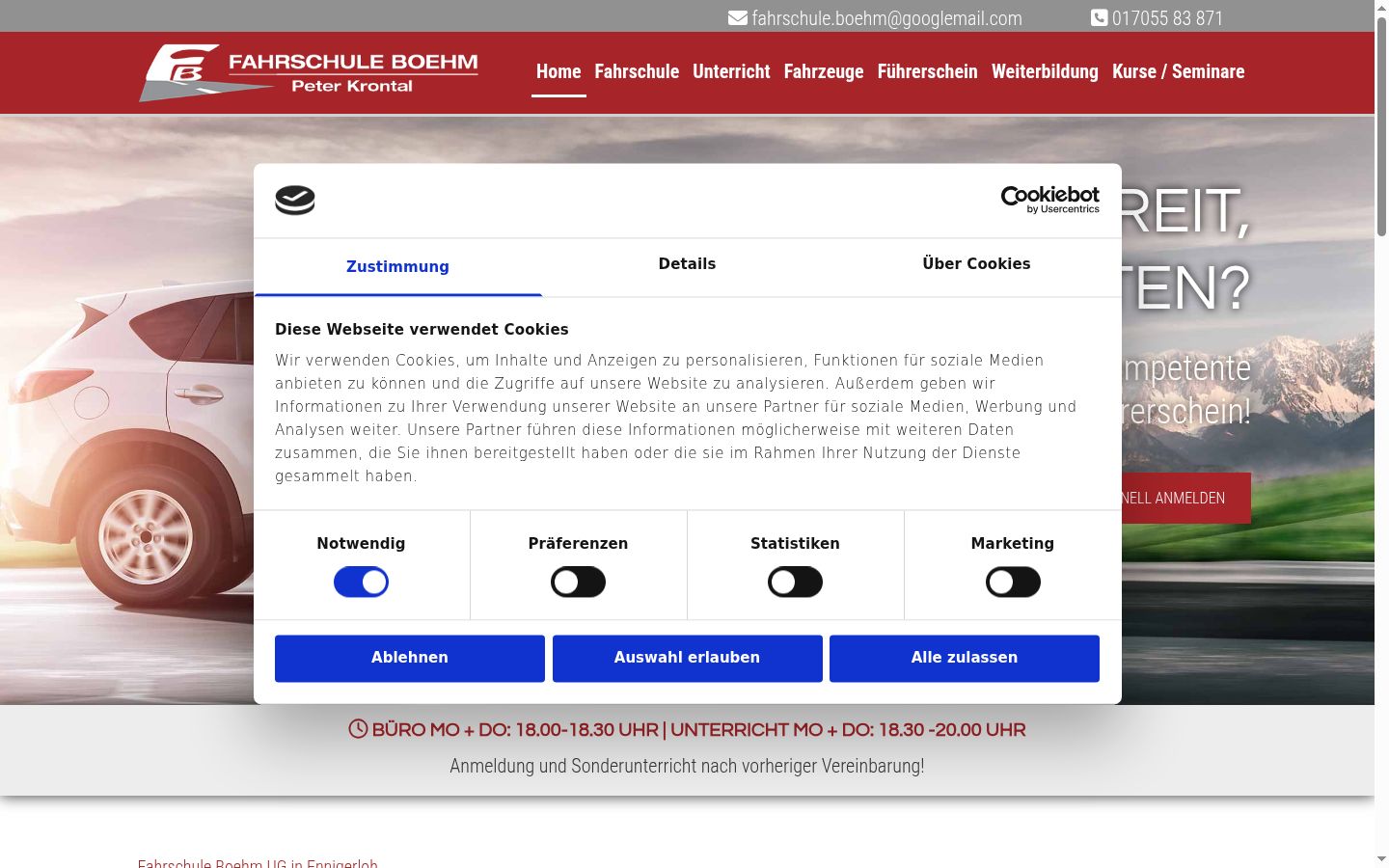 Screenshot des Einwilligungsbanners vor jeglicher Interaktion