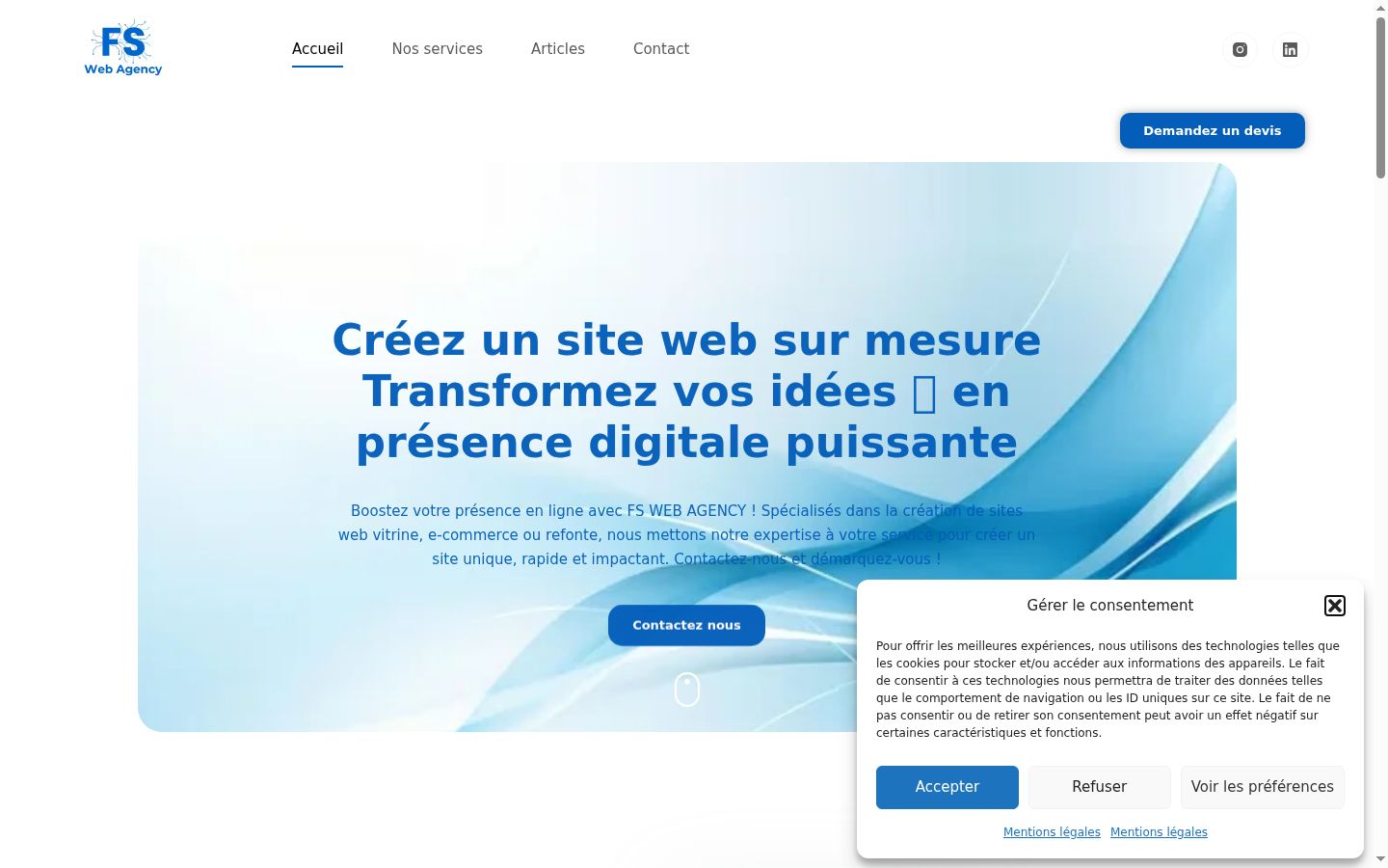Capture d'écran de la bannière de consentement affichée avant toute interaction