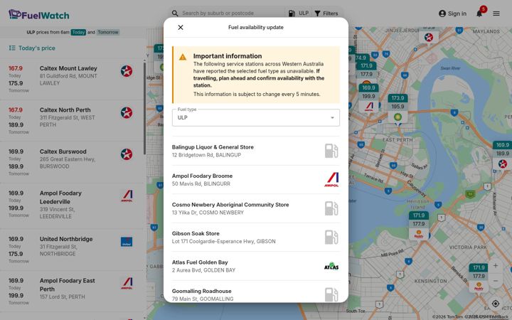 Screenshot of fuelwatch.wa.gov.au