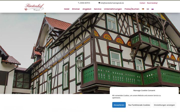 Kuvakaappaus sivustosta fuerstenhof-wernigerode.de