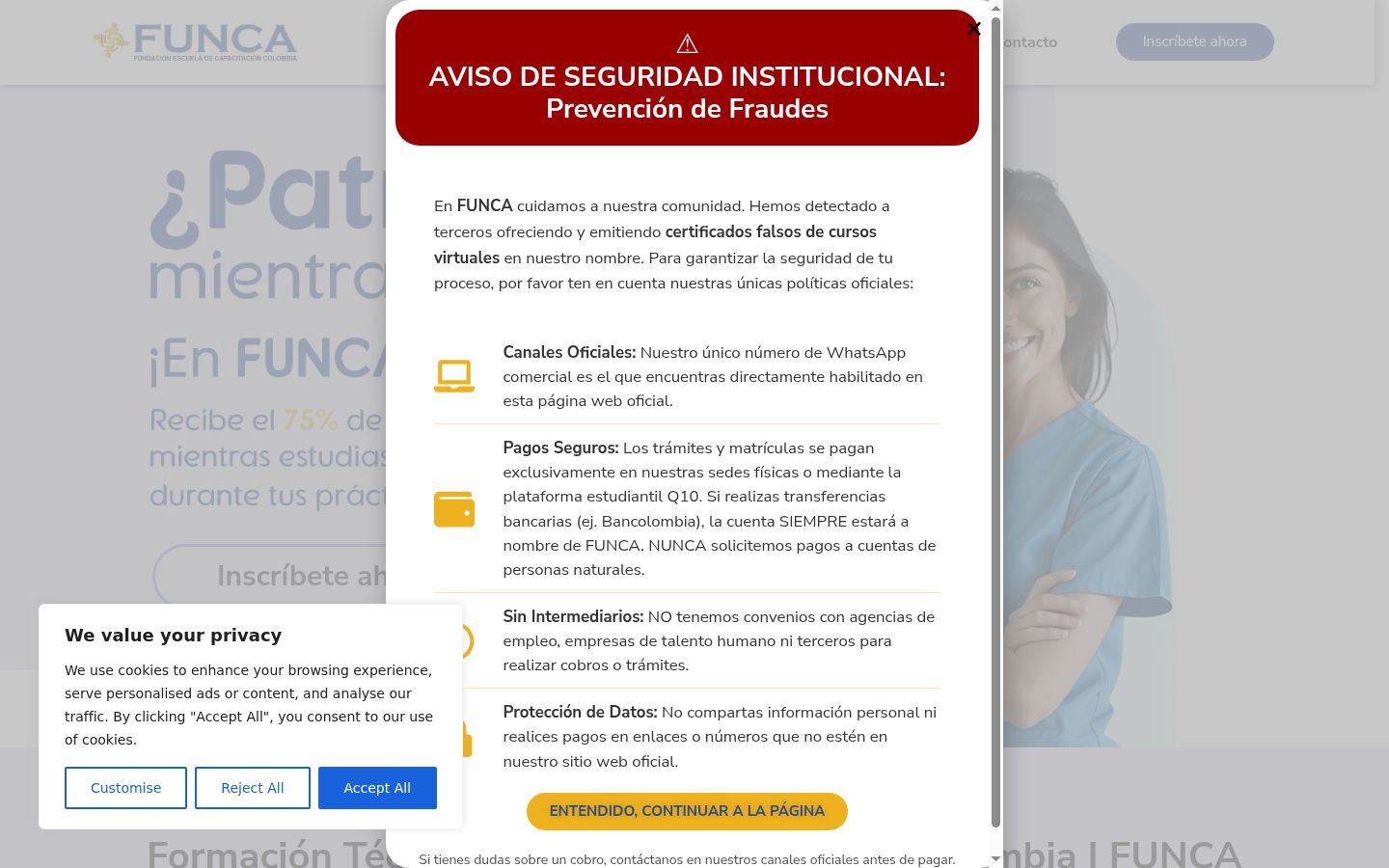 Captura de pantalla del banner de consentimiento mostrado antes de cualquier interacción
