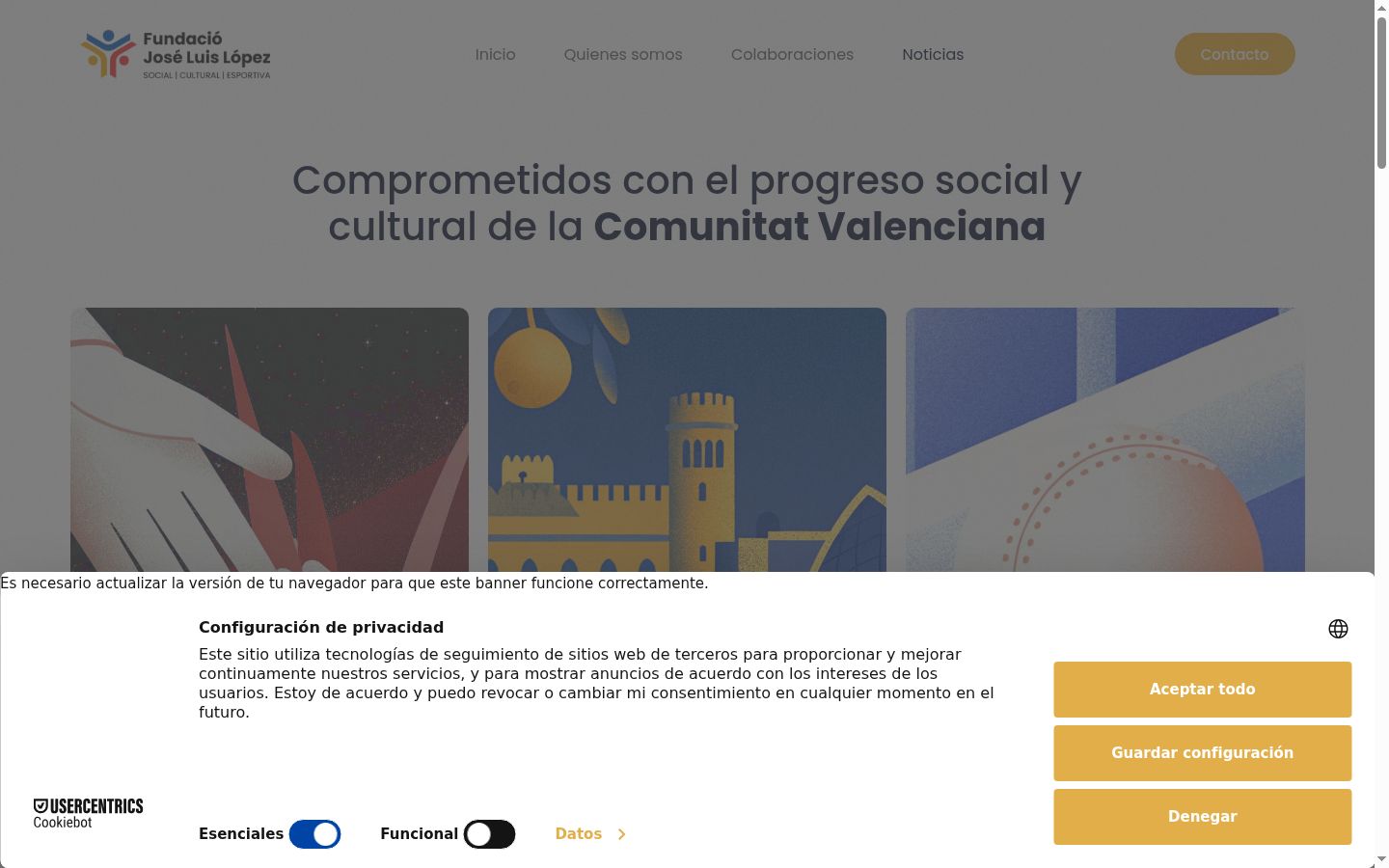 Captura de ecrã do banner de consentimento apresentado antes de qualquer interação