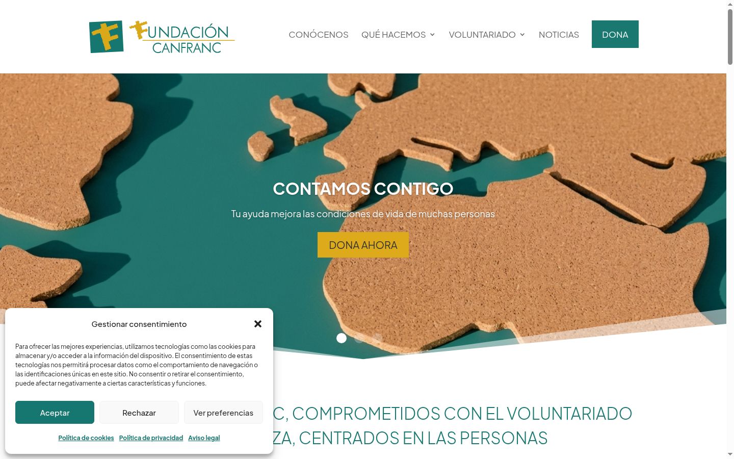 Captura de ecrã do banner de consentimento apresentado antes de qualquer interação