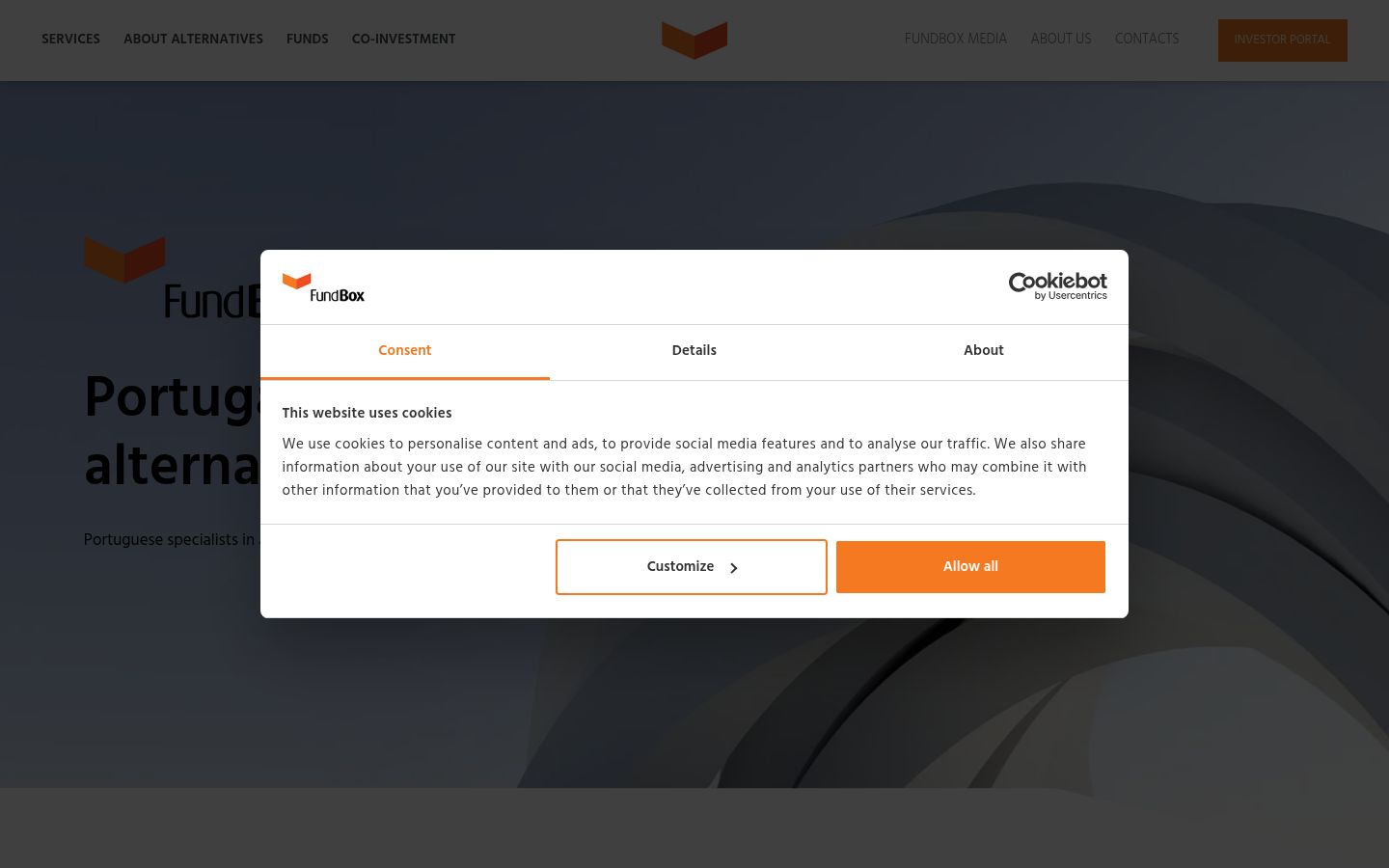 Captura de ecrã do banner de consentimento apresentado antes de qualquer interação