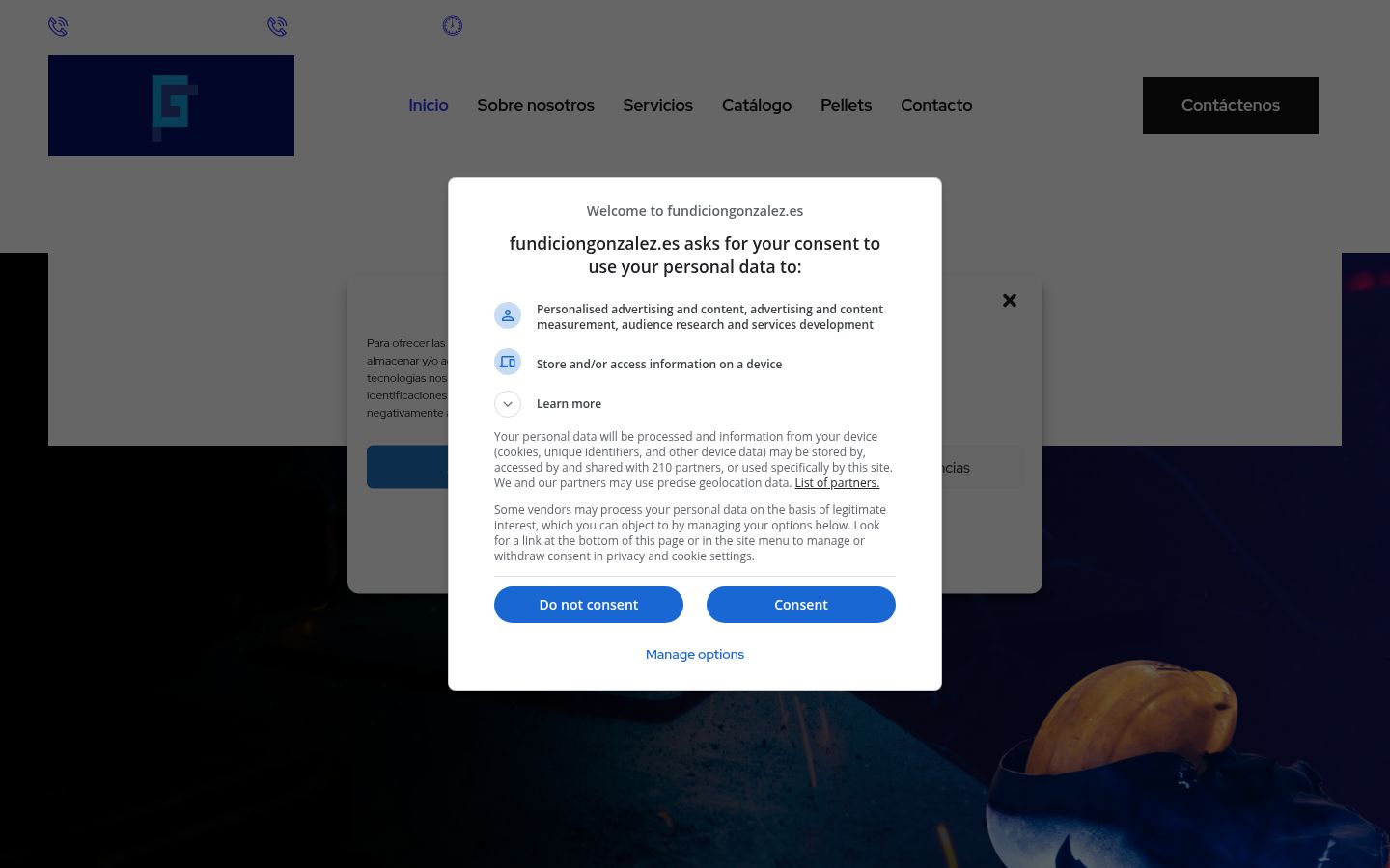 Captura de ecrã do banner de consentimento apresentado antes de qualquer interação