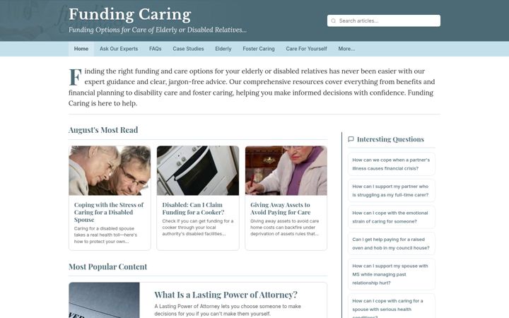 Screenshot van fundingcaring.co.uk