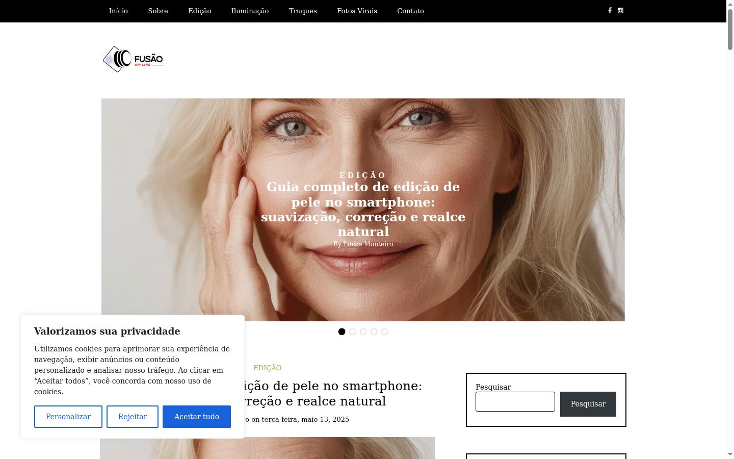 Captura de ecrã do banner de consentimento apresentado antes de qualquer interação