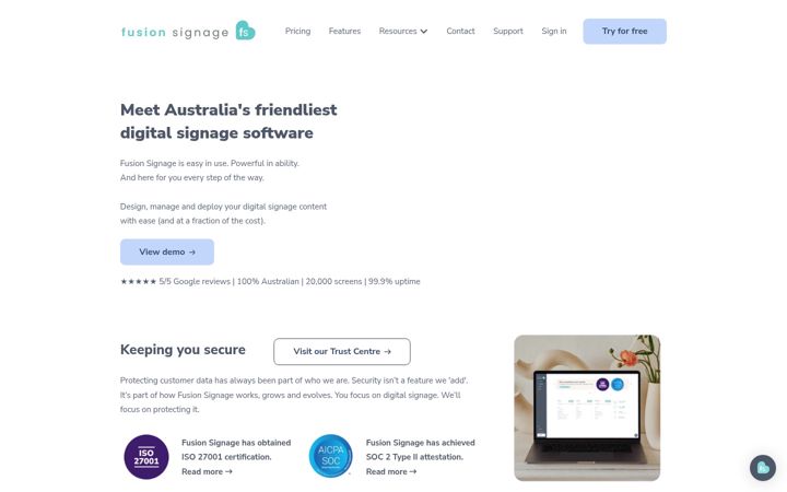 Screenshot stránky fusionsignage.com.au