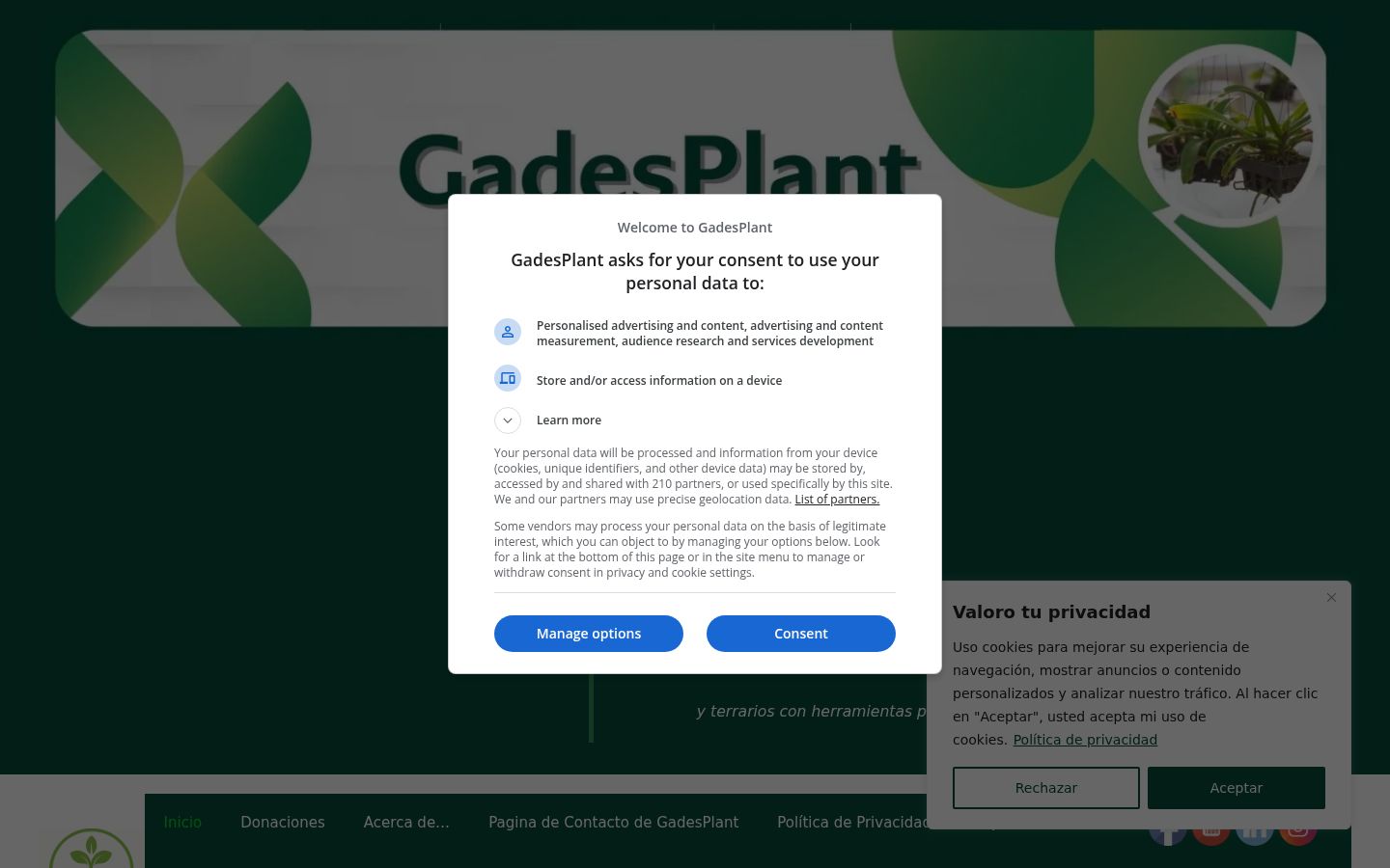 Screenshot del banner di consenso mostrato prima di qualsiasi interazione