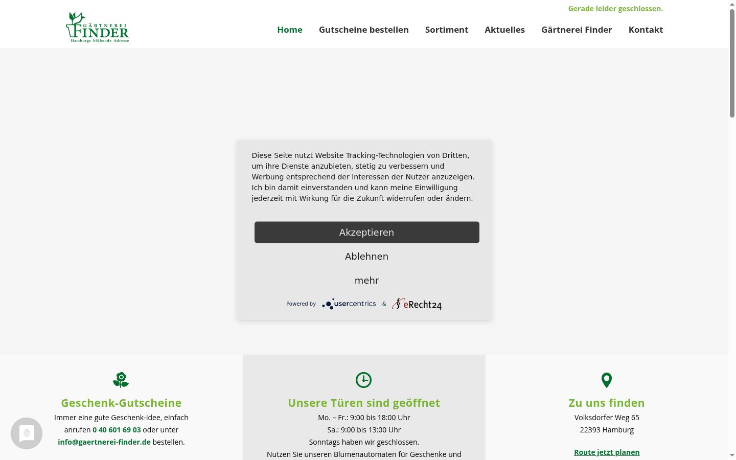 Screenshot des Einwilligungsbanners vor jeglicher Interaktion