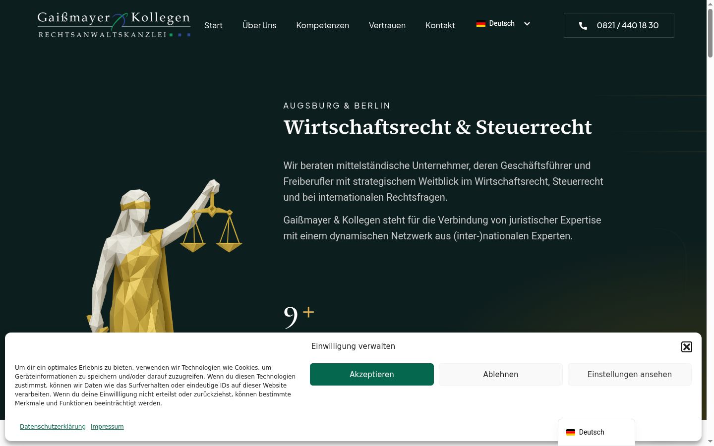 Screenshot des Einwilligungsbanners vor jeglicher Interaktion