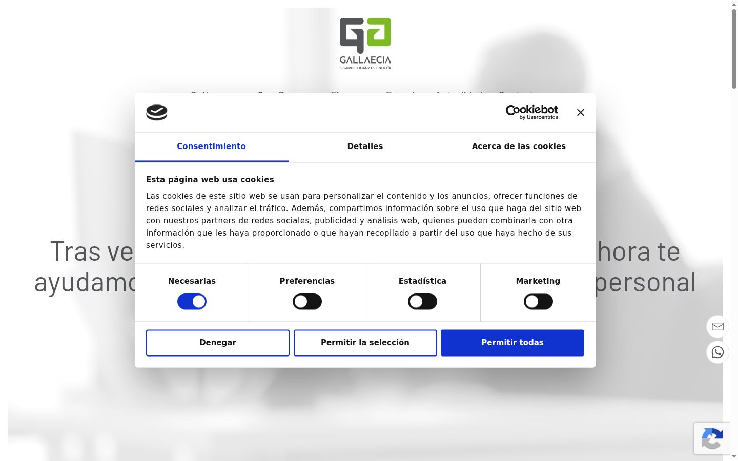 Captura de pantalla del banner de consentimiento mostrado antes de cualquier interacción