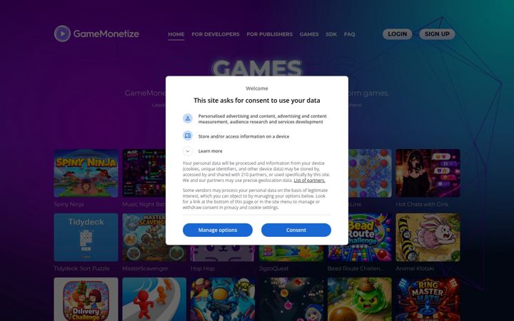 Captură de ecran a gamemonetize.co