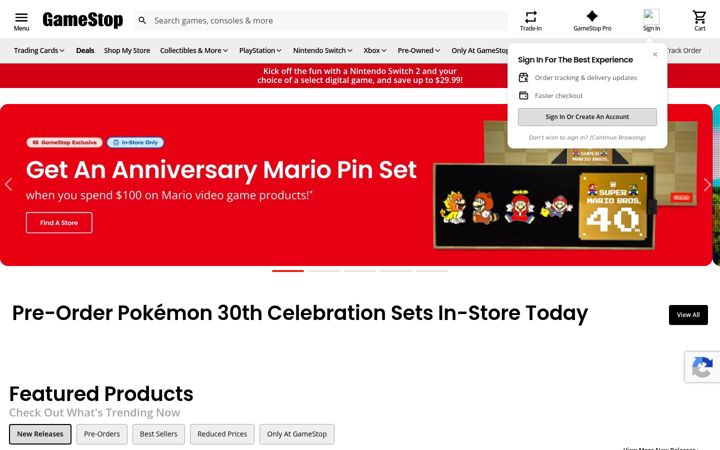 Captură de ecran a gamestop.com