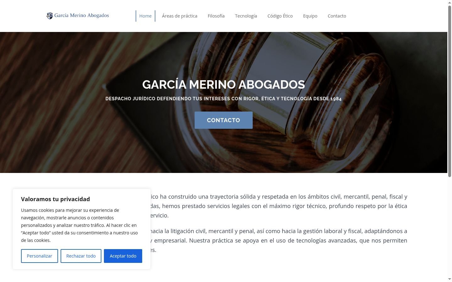 Captura de pantalla del banner de consentimiento mostrado antes de cualquier interacción