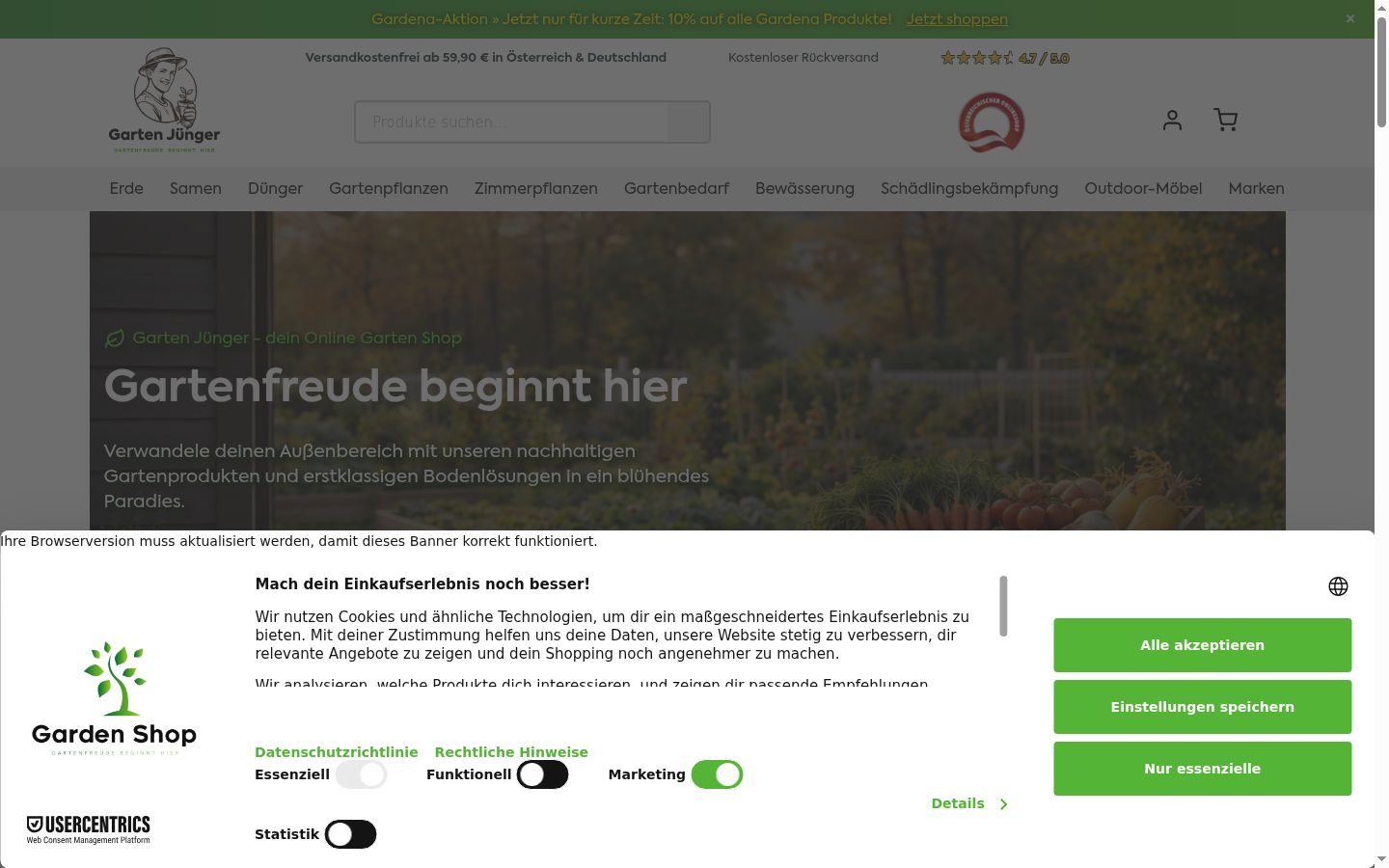 Screenshot des Einwilligungsbanners vor jeglicher Interaktion