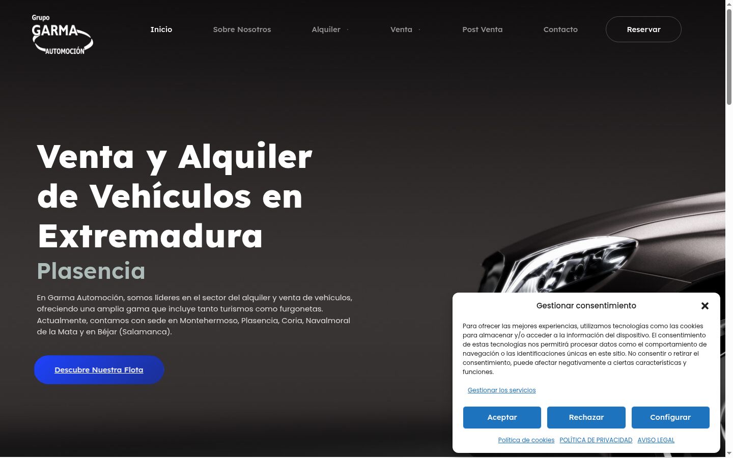 Captura de pantalla del banner de consentimiento mostrado antes de cualquier interacción