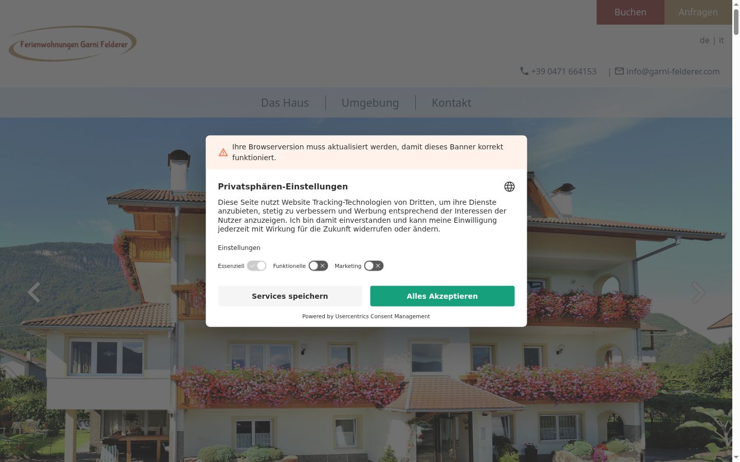 Screenshot des Einwilligungsbanners vor jeglicher Interaktion