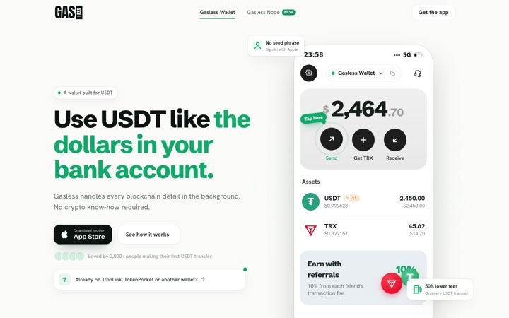 Screenshot of gaslesswallet.io