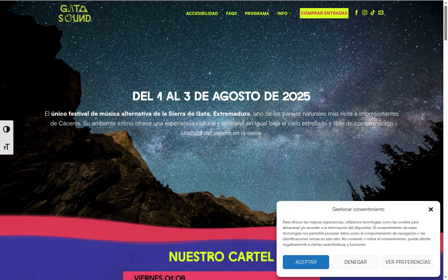 Captura de pantalla del banner de consentimiento mostrado antes de cualquier interacción