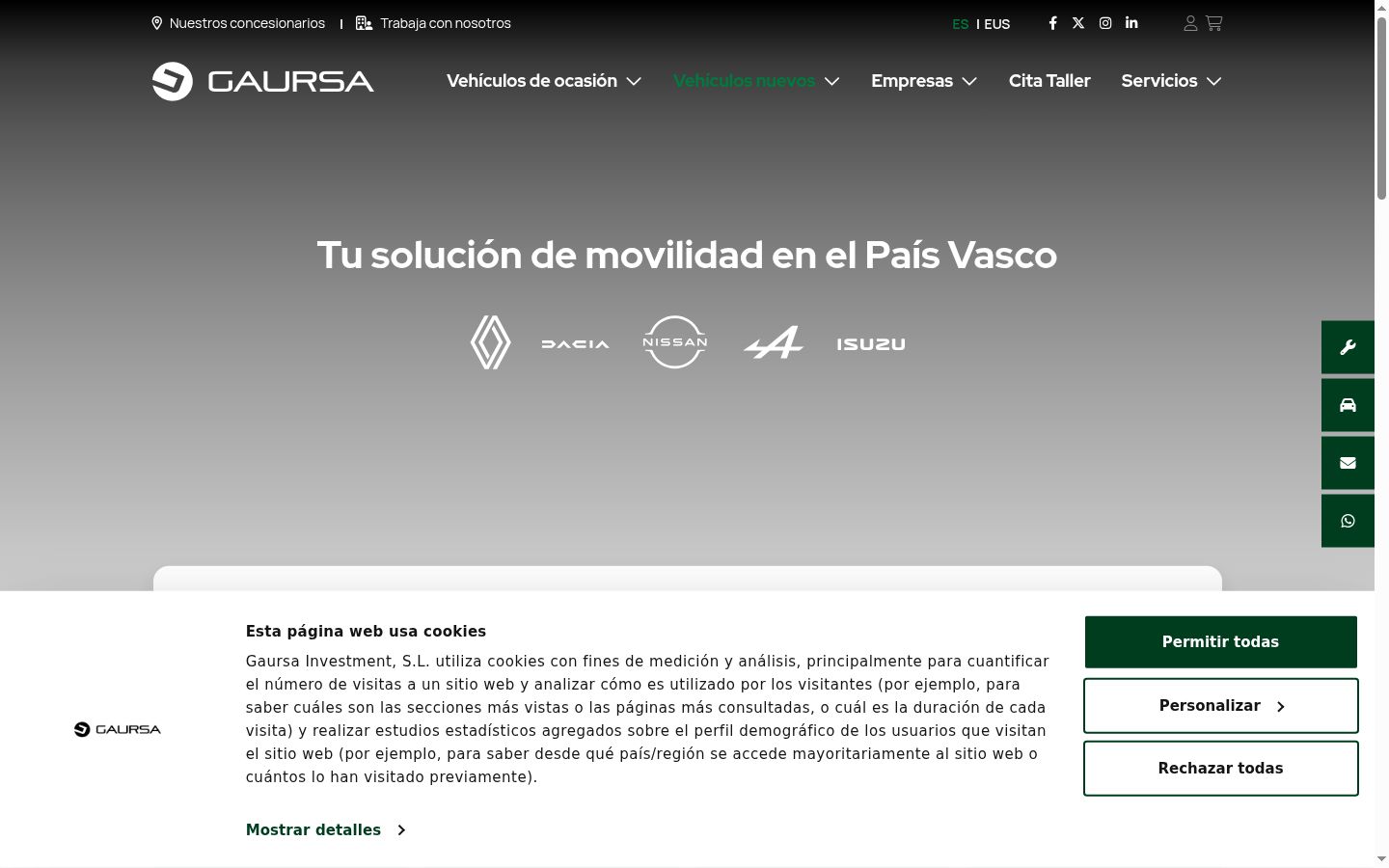 Captura de pantalla del banner de consentimiento mostrado antes de cualquier interacción