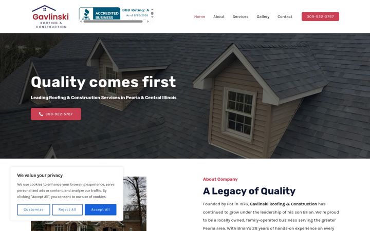 Screenshot of gavlinskiroofing.com