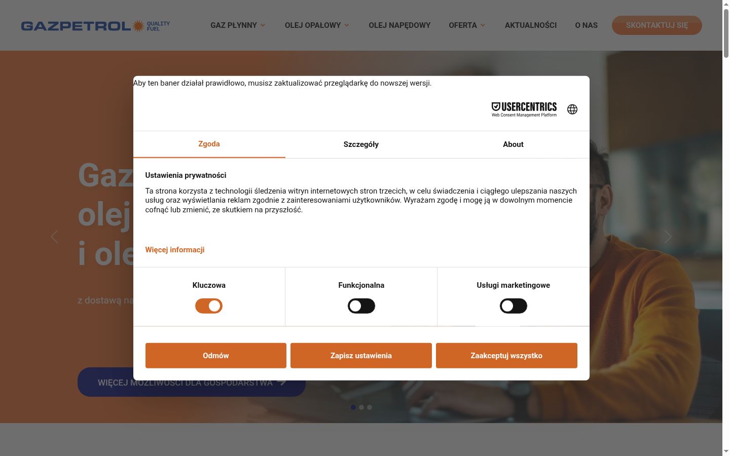 Ekrānuzņēmums ar piekrišanas baneri, kas tika rādīts pirms jebkādas mijiedarbības