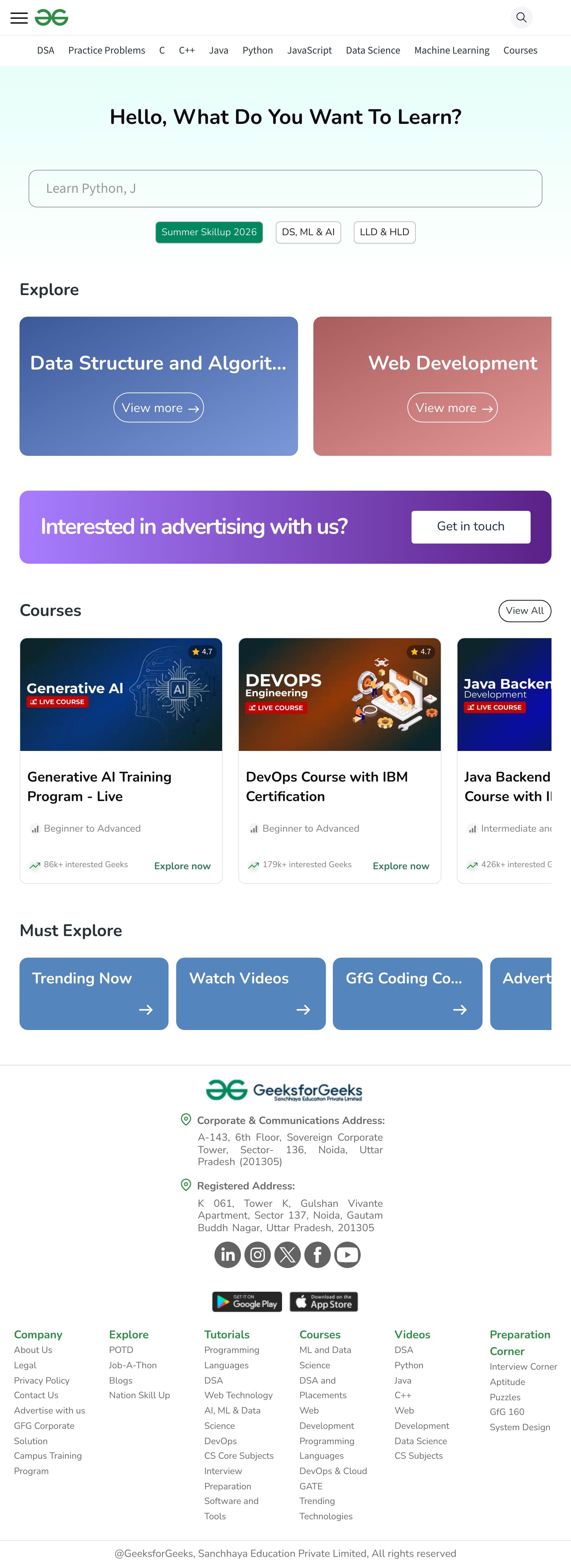 Tablet screenshot of geeksforgeeks.org