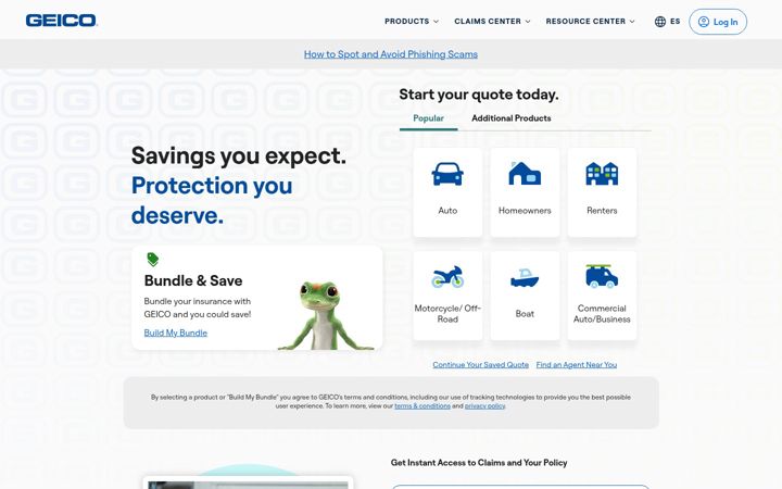 Екранна снимка на geico.com