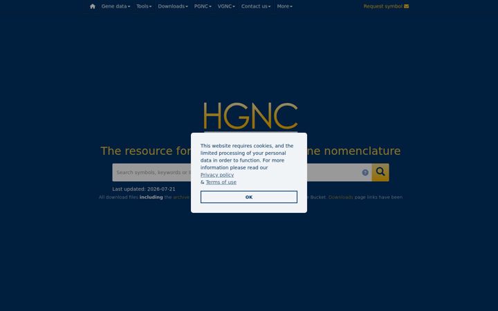 Screenshot of genenames.org