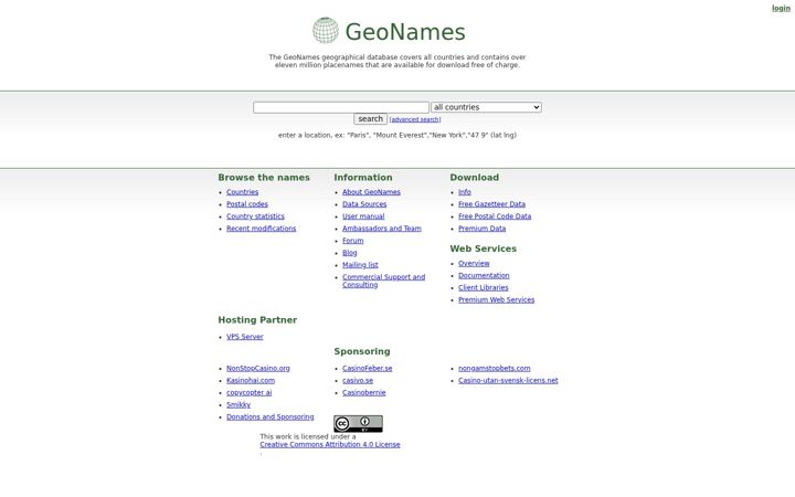 Skjámynd af geonames.org