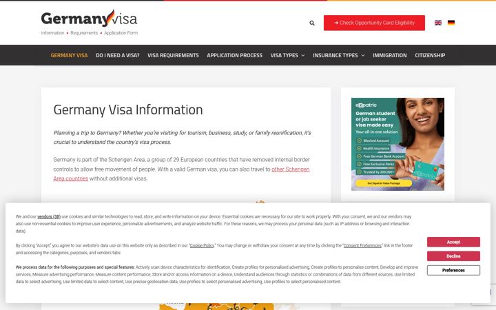 Kuvakaappaus sivustosta germany-visa.org
