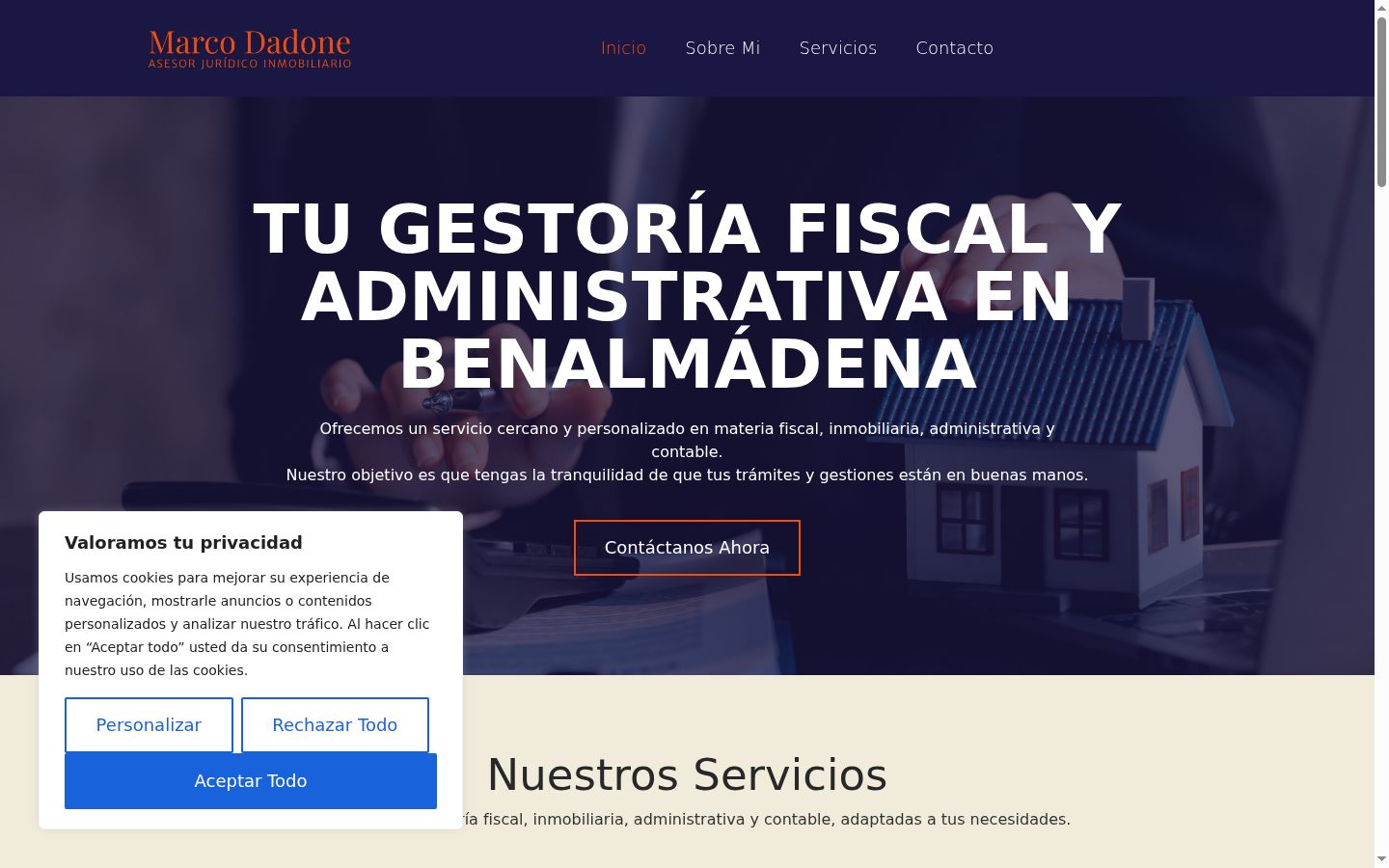 Captura de pantalla del banner de consentimiento mostrado antes de cualquier interacción